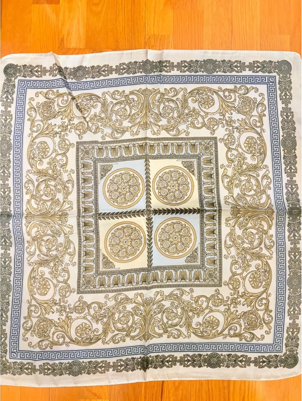Elegant Scarf with Baroque-Inspired Gold and Brown Pattern on Cream